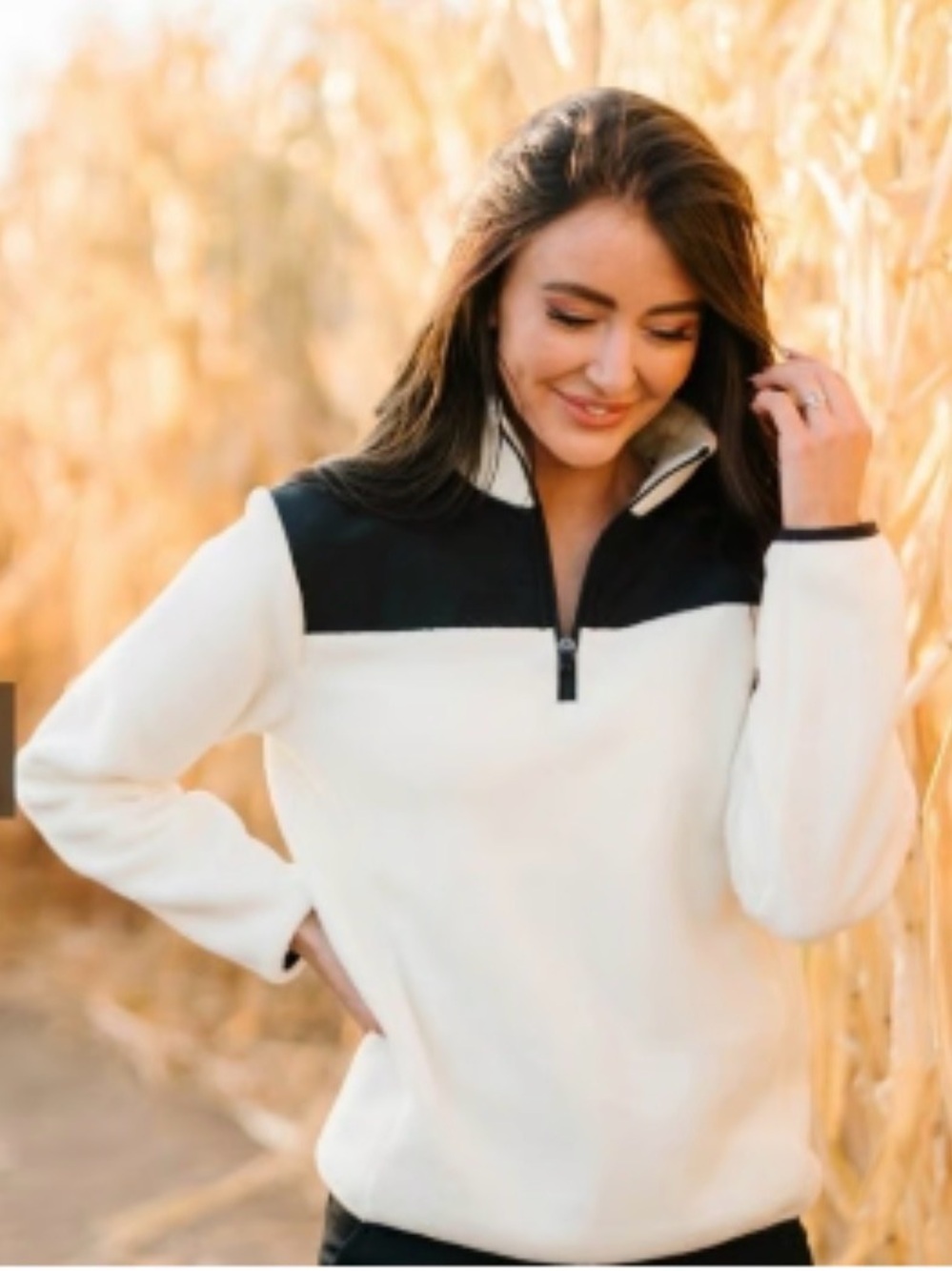 Women Cream and Black Quarter-Zip Fleece Pullover